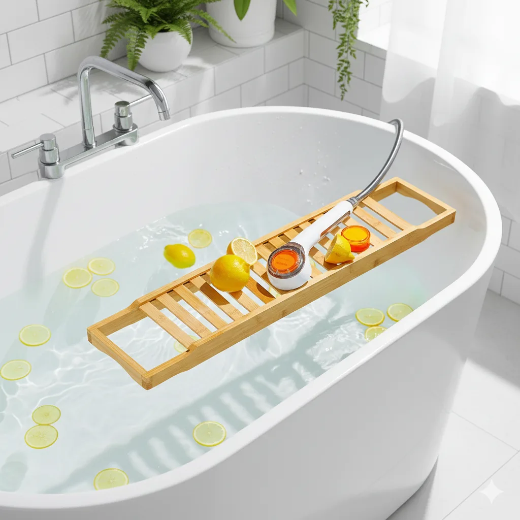 Spa-inspired bathroom with aromatic bath caddy